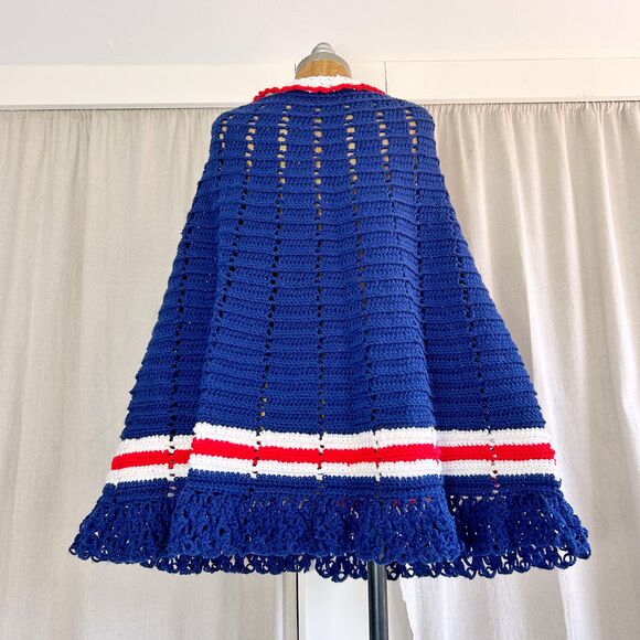 Vintage 60s Nautical Ruffled Crochet Poncho Sweater Cape - Picture 4 of 5
